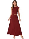 Allegra K レディース ツーピーススカートセット リブニット クルーネック クロップドトップス Aライン ミディスカート ダークレッド XL