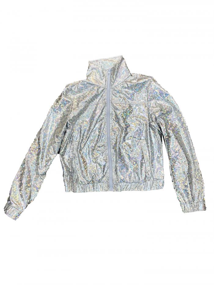 Allegra K トラックジャケット メタリックジャケット ジップフロント シャイニー 長袖 レディース レインボーシルバー S