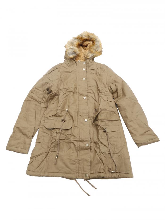 Allegra K レディース 冬用パーカージャケット 暖かい 防風 ロング パファーコート フェイクファーフード付き カーキ M