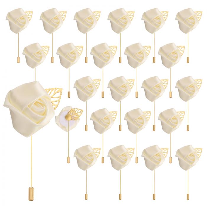 24個のベージュのバラブートニアフラワーボタンホールポケットブートニアピン ウェディングセレモニーアニバーサリープロムフォーマルディナーパーティー