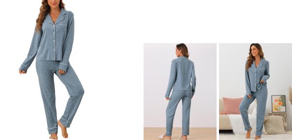 cheibear レディース パジャマセット 長袖 ボタンダウン スリープウェア ナイトウェア パジャマ ラウンジセット ブルー L