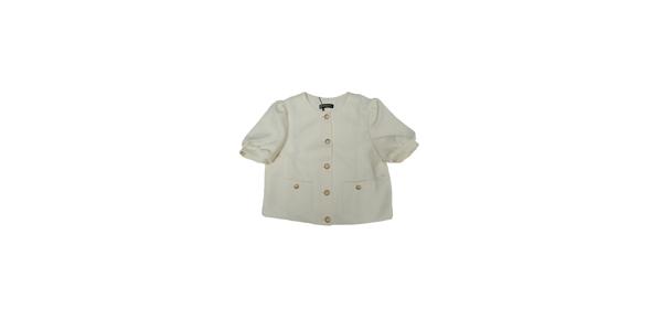 Allegra K レディース 夏用ツイードジャケット パフ 半袖 ラウンドネック フロントオープンワーク ヴィンテージトップ ベージュ M