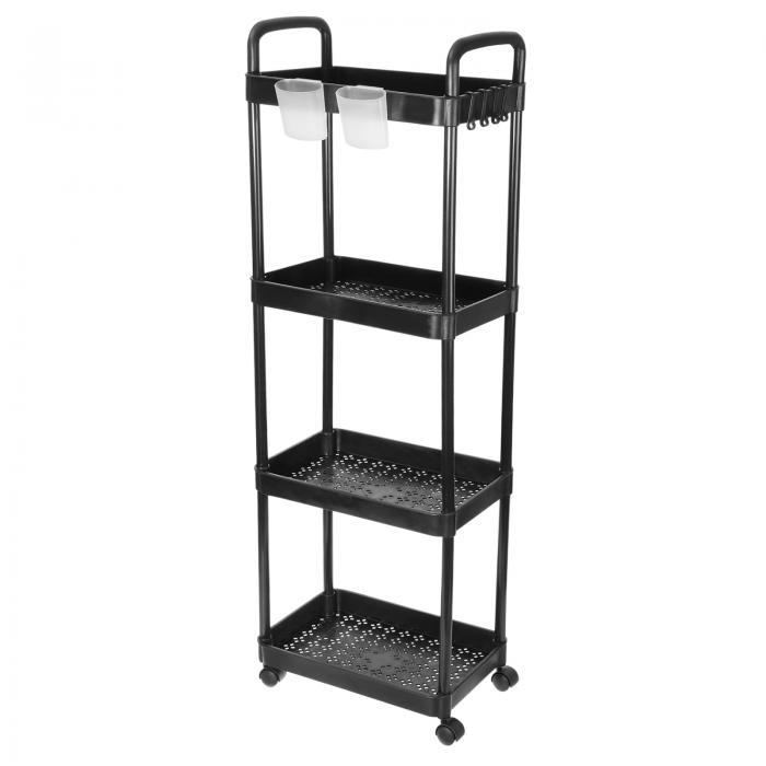 スリム収納カート 4段バスルーム収納オーガナイザー ローリングユーティリティカート 可動棚ユニットスライド式収納カート バスルーム キッチン用 黒
