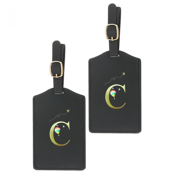 PATIKIL 初期荷物タグ 2個パック PUレザー 荷物タグ 刺繍入り 文字 スーツケースラベルタグ 荷物用 荷物識別子 黒（C）