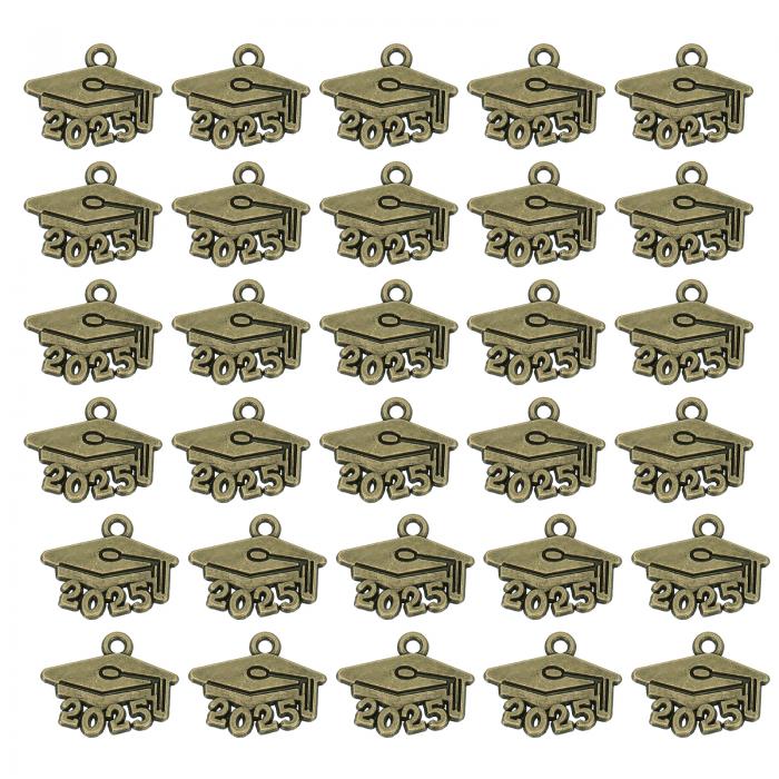 PATIKIL 2025年卒業タッセル装飾 60個 合金2025年バチェラーキャップ形状と文字装飾 卒業タッセル卒業帽ネックレスペンダントDIYキーメイキング ブロンズ