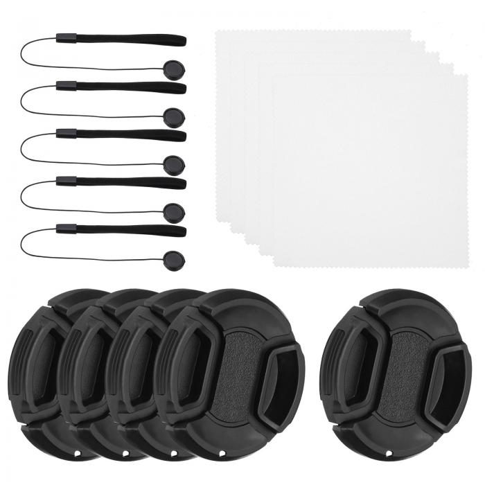 PATIKIL 43 mm レンズキャップセット 5個パック サイドピンチスナップカメラレンズカバー フロントレンズ用 クリーニングクロスと紛失防止キーパーリーシュ付き 43 mmスレッドユニバーサルDSLRレンズに最適 黒