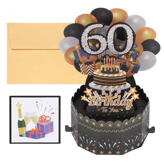 PATIKIL 60歳の誕生日カード ポップアウト誕生日カード ハッピーバースデー ご挨拶カードと封筒付き 男の子 女性 女の子 ギフト 友達用 黒 金色