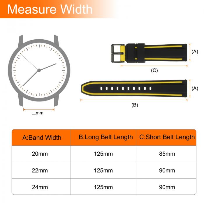 シリコーンウォッチバンド24mm幅ソフトクイックリリースラバーウォッチバンド、クッション黒バックル付き、男性女性用、黒イエロー