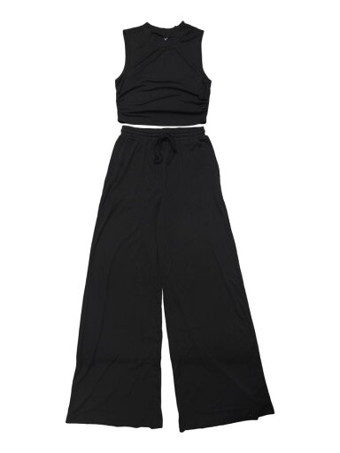 Allegra K レディース 2ピース カジュアルセット クルーネック ノースリーブ クロップタンク ワイドレッグパンツ サマーラウンジセット ブラック M Allegra K レディース 2ピース カジュアルセット クルーネック ノースリーブ クロップタンク ワイドレッグパンツ サマーラウンジセット ブラック M