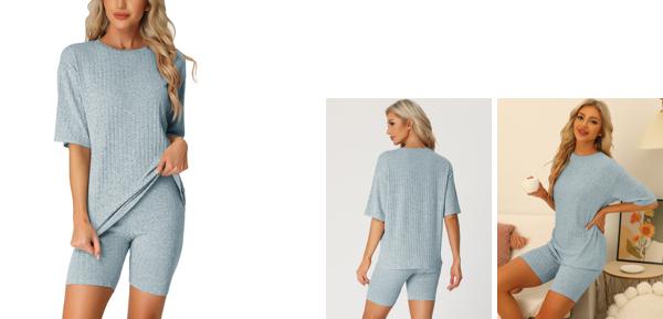 cheibear パジャマ 2点セット リブニット 柔らかい 半袖 スウェットシャツ ショーツ 部屋着 レディース ライトブルー L