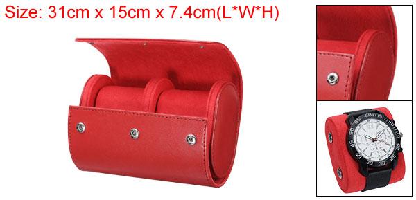 メンズとレディース用 ポータブルレザーウォッチケース 旅行用ウォッチロールトラベルケース2スロット 取り外し可能なクッション付きウォッチ収納オーガナイザー 旅行 ディスプレイ 家庭用収納 レッド