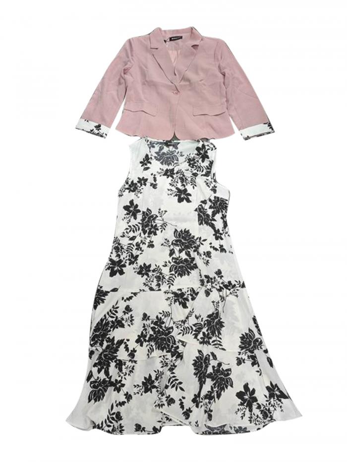 Allegra K ジャケット ドレス ワンピース ワーク ボウプリント 2枚セット シフォン Vネック コントラストパネル レディース ピンクベージュ S(4)