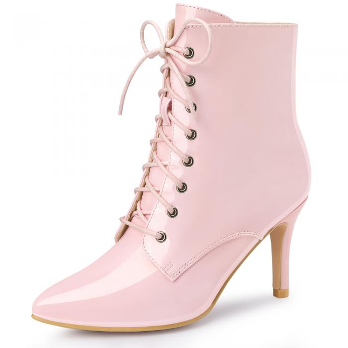 Allegra K レディース ポインテッドトゥ レースアップ スティレットヒール アンクルブーツ ピンク 24.5cm