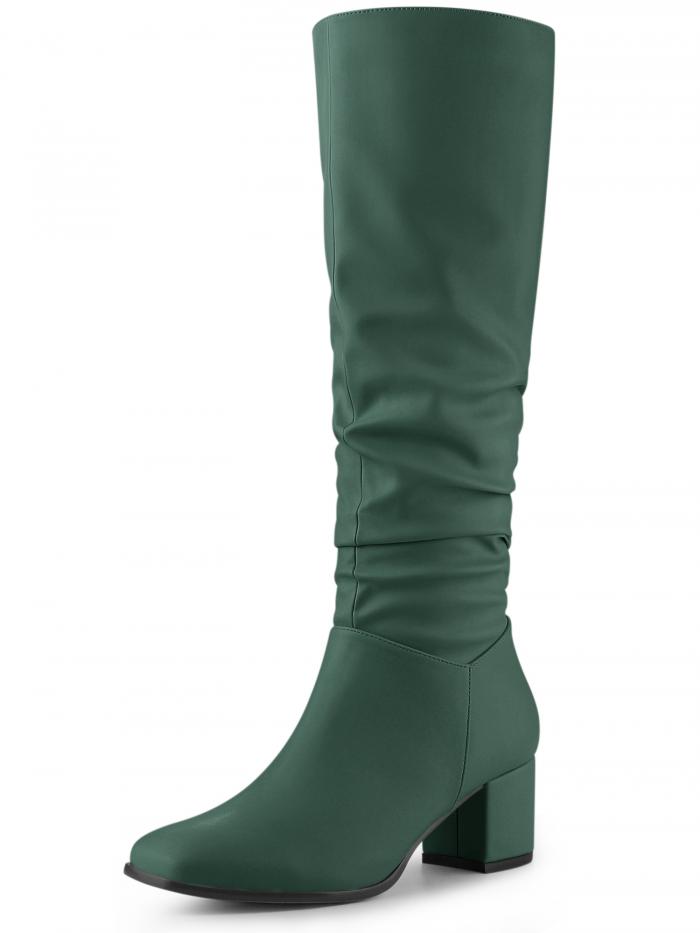 Perphy 女性用スクエアトゥチャンキーヒールニーハイブーツ ダーク緑 24cm