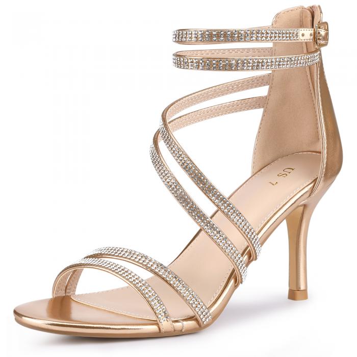 Perphy 女性用アンクルストラップラインストーンスティレットヒールサンダル ローズゴールド 23.5cm