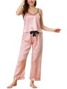 cheibear パジャマ 夏 ホーム服 キャミソール ロングパンツ 蝶タイウェスト ノースリーブ ソフト アイスシルク レディース ピンク XL