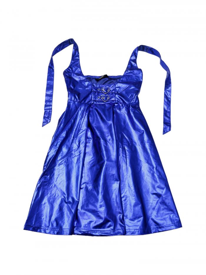 Allegra K ワンピース サスペンダー スカート オーバーオール 膝上 メタリック ハイウエスト ハートホック飾り Aライン レディース ロイヤルブルー XS