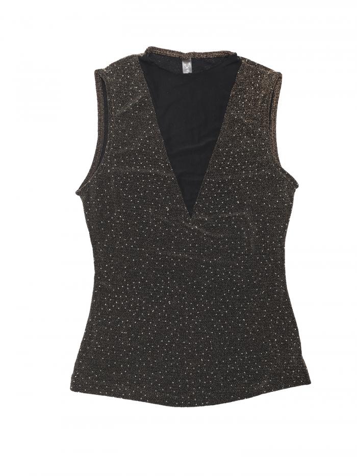 Allegra K レディース ノースリーブ メッシュ トップス グリッター パーティー クラブ スパークル シャツ ブラックゴールド XS