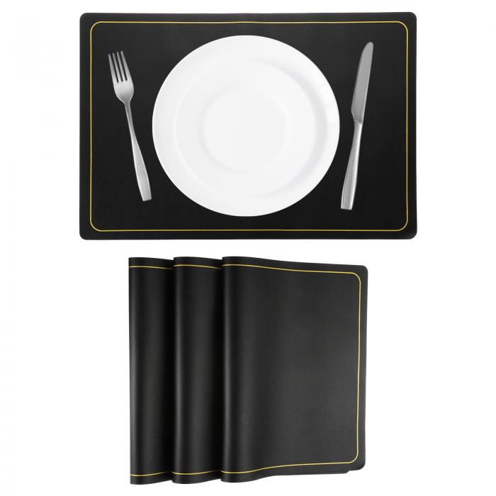 ダイニングテーブル用 フェイクレザープレイスクッション4枚セット PUレザー製 長方形テーブルクッションプレイスクッション 耐熱性 防水 防油キッチンプレイスクッション（黒金色ライン）