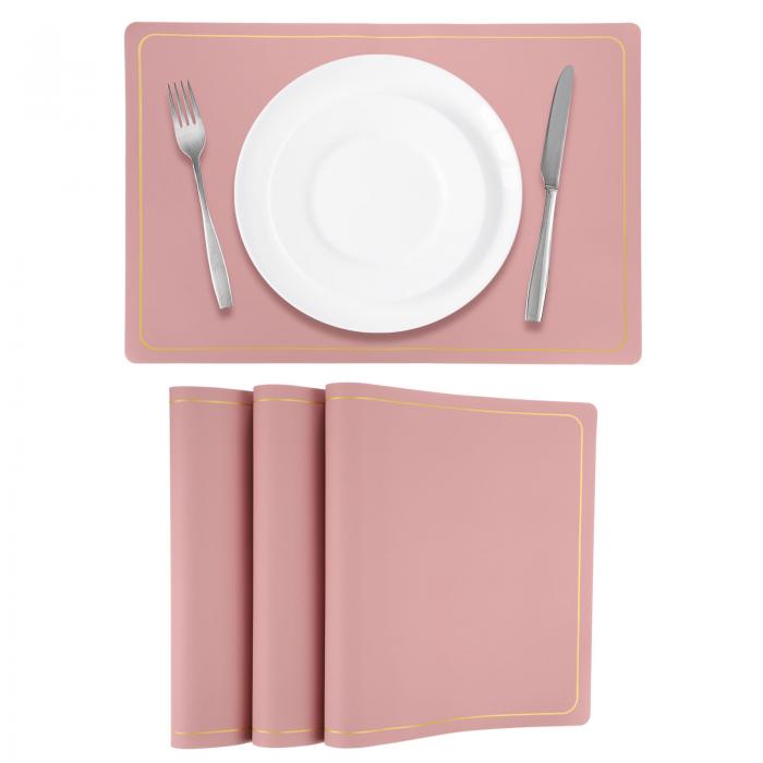 ダイニングテーブル用 フェイクレザープレイスクッション4枚セット PUレザー製 長方形テーブルクッションプレイスクッション 耐熱性 防水 防油キッチンプレイスクッション（ピンク金色ライン）