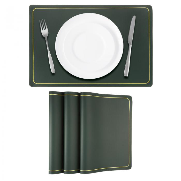 ダイニングテーブル用 フェイクレザープレイスクッション4枚セット PUレザー製 長方形テーブルクッションプレイスクッション 耐熱性 防水 防油キッチンプレイスクッション（緑金色ライン）