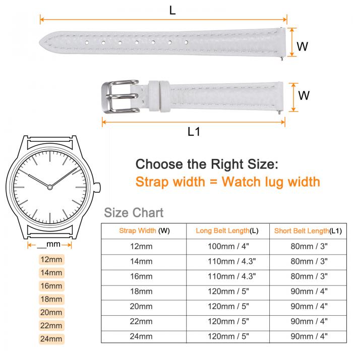 本物 レザーウォッチバンド 12mm フラットクイック交換用牛革ウォッチストラップ エレガントな女性用メンズウォッチストラップ ステンレスバックルクラスプ付き クラシックスマートウォッチ用 ホワイト