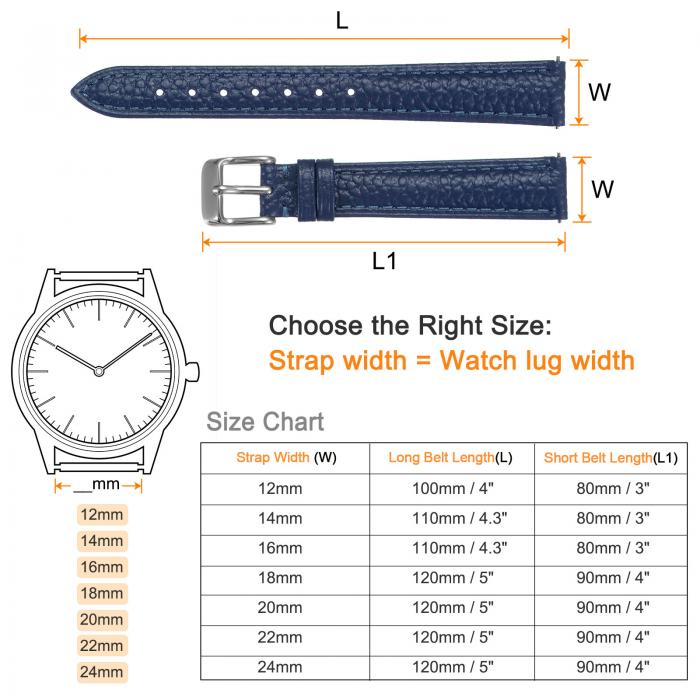 本物 レザーウォッチバンド 14mm フラットクイック交換用牛革レザーウォッチストラップ エレガントなメンズレディースウォッチストラップ クラシックスマートウォッチ用 ステンレスバックルクラスプ付き ダークブルー