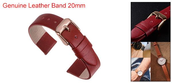 レッドい本物 レザーバンド 20mm幅 フラットで薄いエレガントなレザーウォッチストラップ ローズ金色バックル 男性と女性用