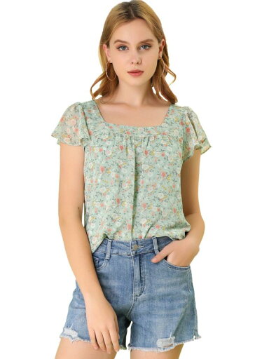 Allegra K 花柄 シフォン ブラウス トップス フリル袖 フレアスリーブ 半袖 薄手 夏 カジュアル レディース グリーン 3XL Allegra K 花柄 シフォン ブラウス トップス フリル袖 フレアスリーブ 半袖 薄手 夏 カジュアル レディース グリーン 3XL