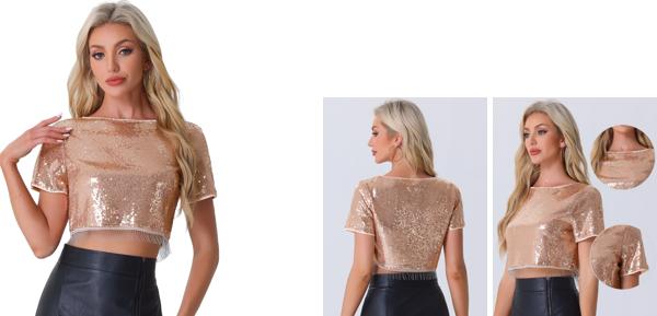 Allegra K レディース スパンコール グリッター 半袖 クロップド丈 ラウンドネック タッセル パーティー ドレッシー ブラウス トップス ローズゴールド M