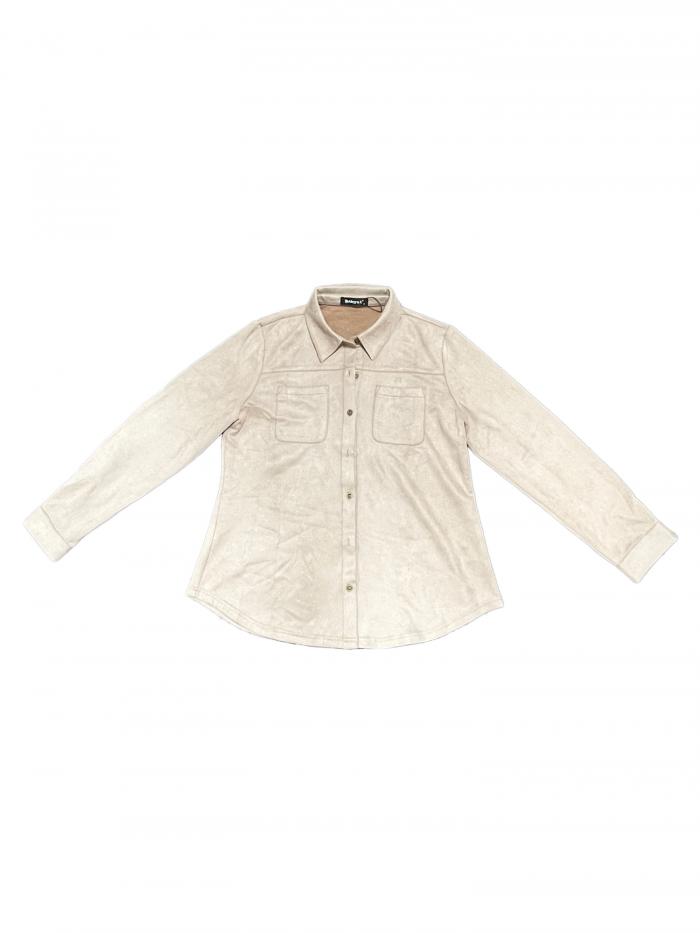 Allegra K レディース ストレッチ 長袖 ボタンアップ カジュアル シャツ ジャケット フェイクスエード シャツ ベージュ M