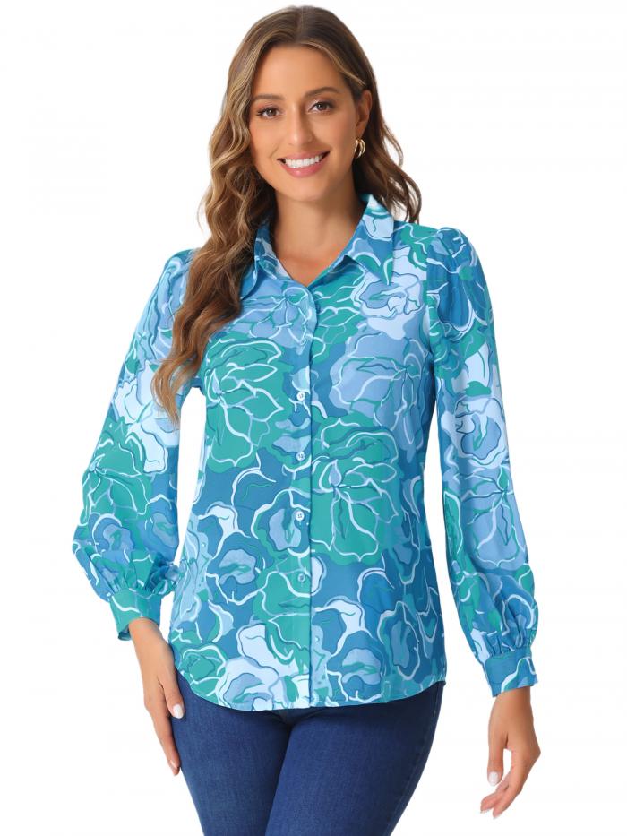 Allegra K レディース 花柄 シャツ ボタンアップ パフスリープ 長袖 ファッション カジュアル ブラウス トップス ブルー M