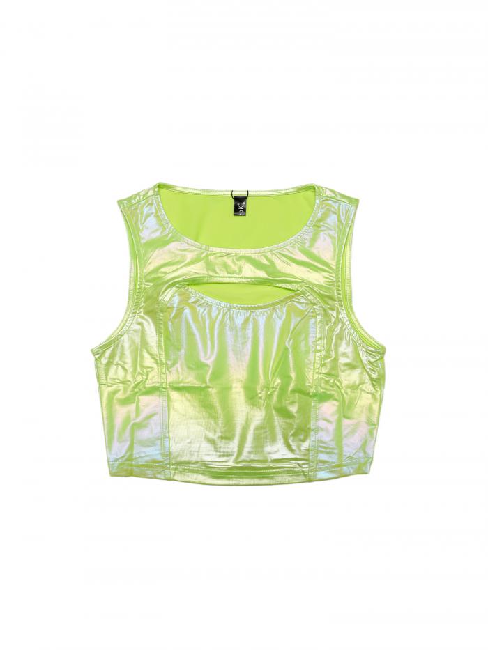 Allegra K タンクトップ クロップトップ 光沢 メタリック ノースリーブ カットアウト パーティー レディース 光沢のある緑 M