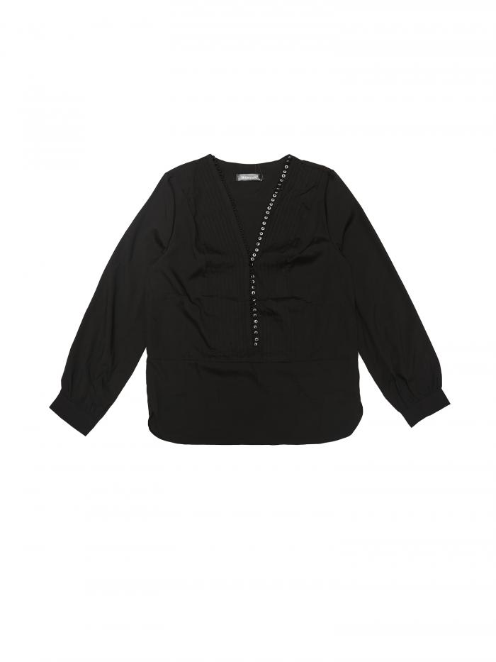 Allegra K レディース Vネック プリーツ ボタンフロント 長袖 カジュアル ワーク ブラウス シャツ トップス ブラック XL