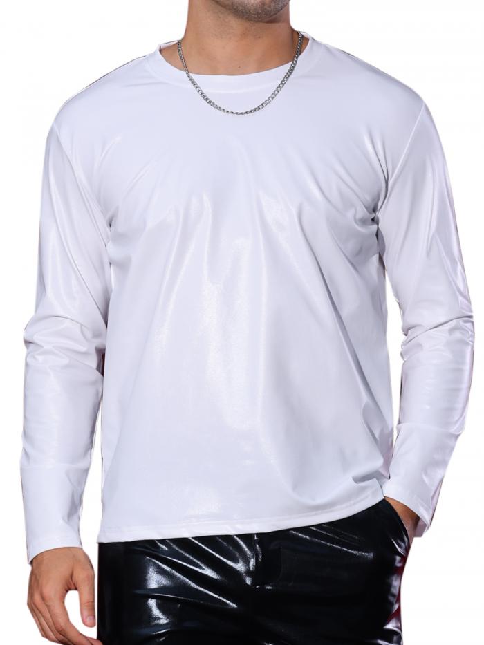 Lars Amadeus 長袖トップス 無地Tシャツ メタリック ラウンドネック シャイニング ディスコ メンズ ホワイト S(4)