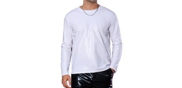 Lars Amadeus 長袖トップス 無地Tシャツ メタリック ラウンドネック シャイニング ディスコ メンズ ホワイト L