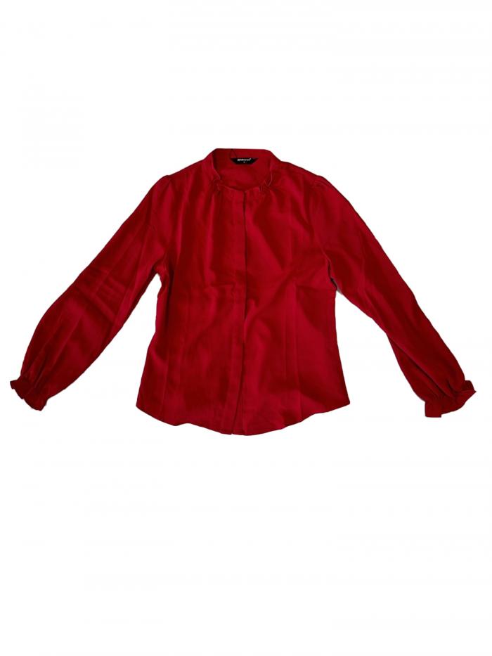 Allegra K シフォンフリルブラウス トップス オフィス ボタンダウン 立ち襟 レディース ホットピンク XL