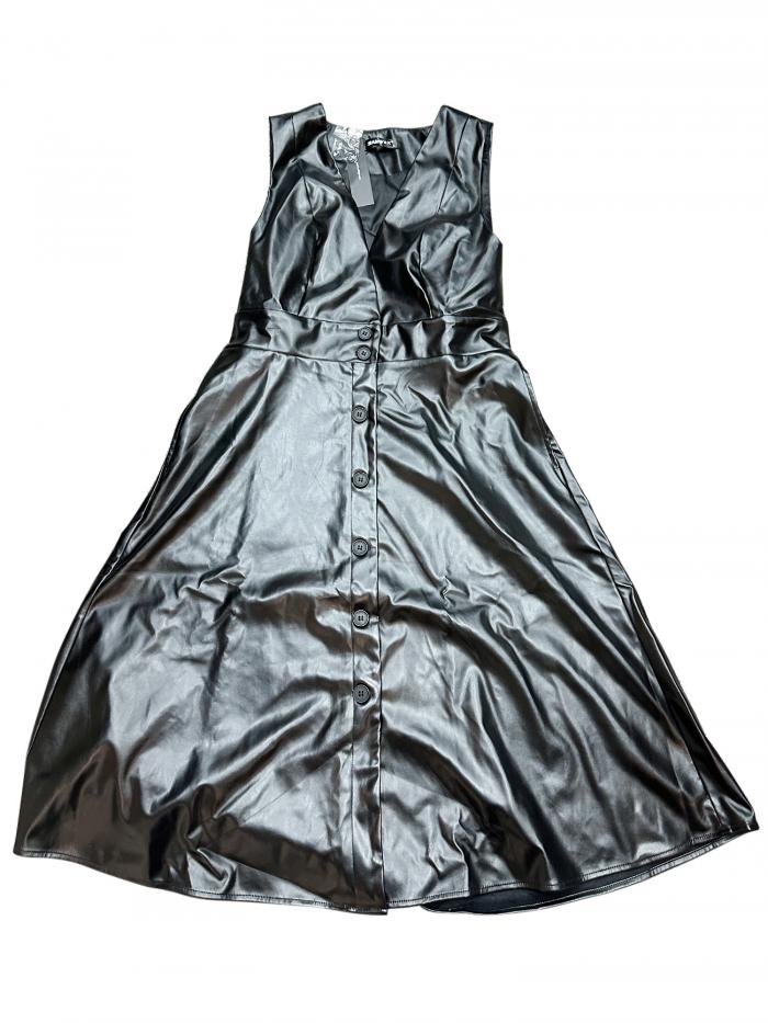 Allegra K フェイクレザー Vネック ドレス メタリック ノースリーブ ボタンダウン パーティー ミディドレス レディース ブラック L(4)