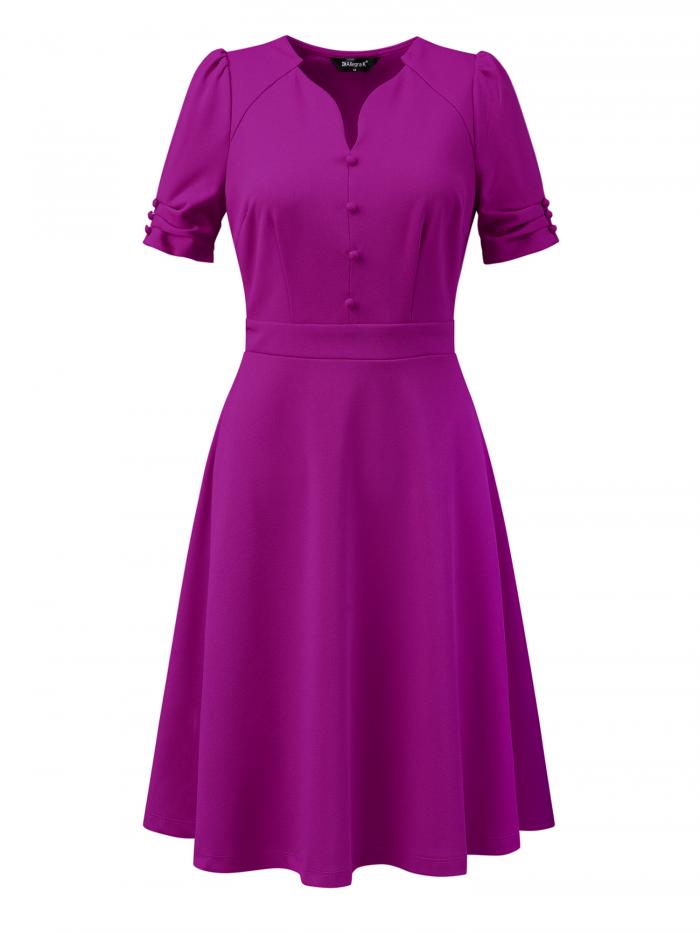 Allegra K シース ドレス スイートハートネック プリーツ 半袖 Aライン ビジネス レディース パープル M