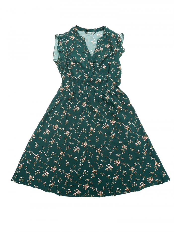 Allegra K 花柄 フリルワンピース ドレス キャップスリーブ Vネック ハーフプラケット カジュアル 夏 レディース ダークグリーン L