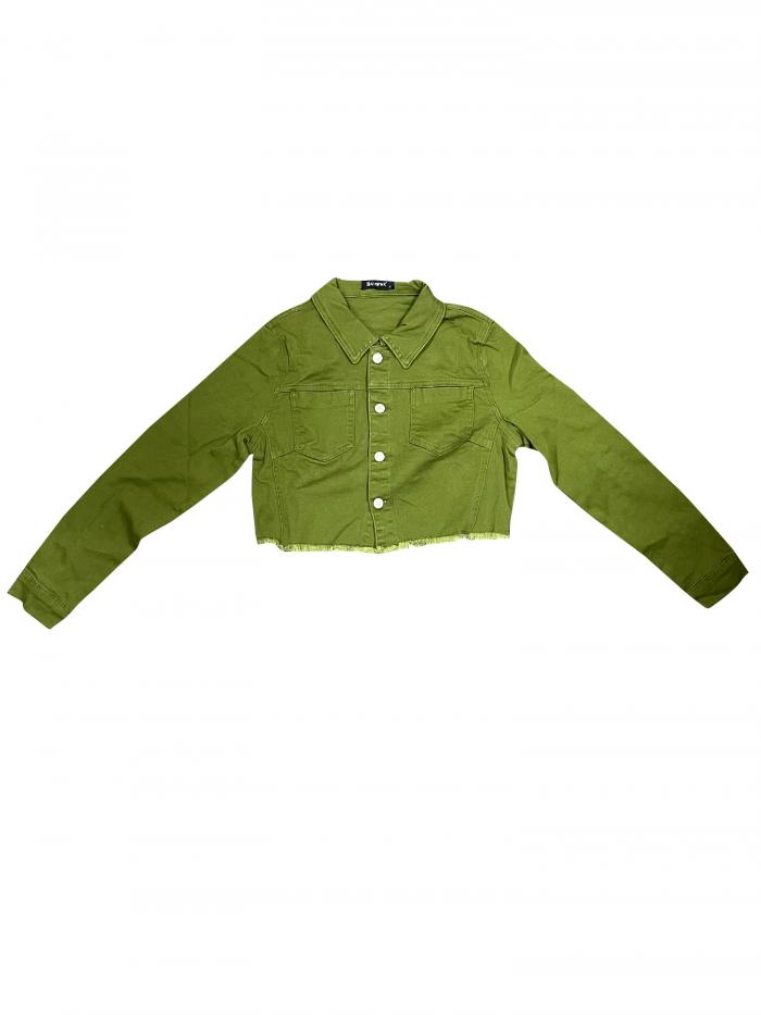 Allegra K デニムジャケット クロップドジャケット ジージャン Gジャン ショート丈 ダメージ 長袖 レディース グリーン M