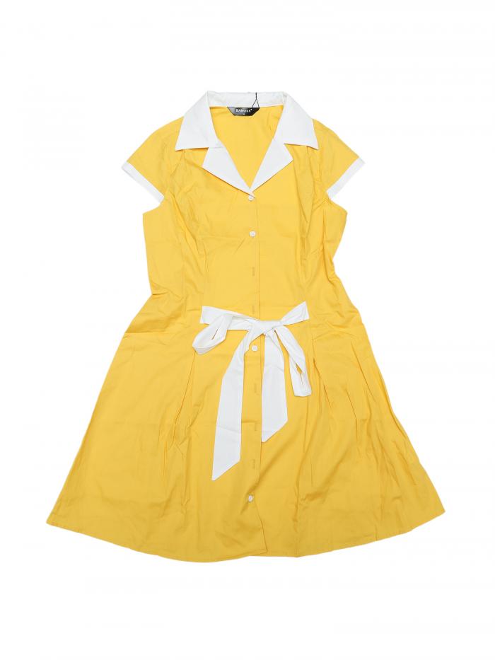 Allegra K Aラインシャツドレス コントラストカフス ボタンフロント ベルト付き 膝上 レギュラーフィット キャンプ襟 レディース イエロー XS