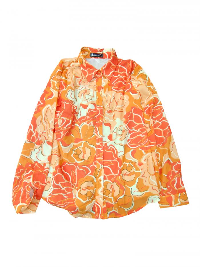 Allegra K 花柄シャツ ブラウス 長袖 おしゃれ ボタンダウン 通勤 オフィス カジュアル レディース オレンジイエロー XS