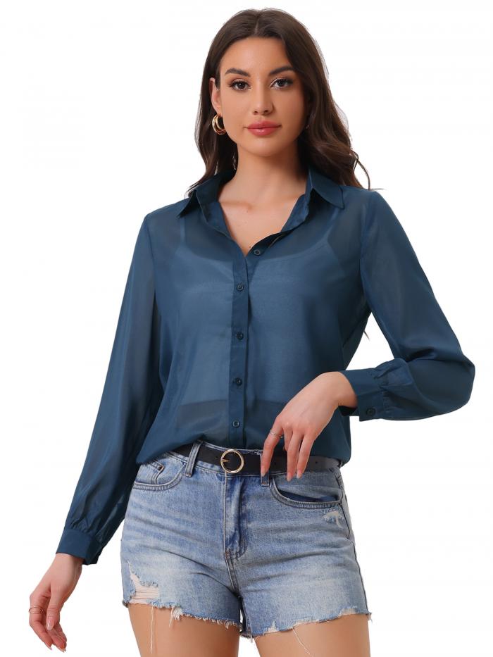 Allegra K 無地シャツ 長袖ブラウス トップス ボタンダウン シャツ メッシュシアー レディース ダークブルー L