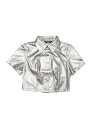 Allegra K クロップトップ ジャケット ブラウス PU レザー 半袖 ボタンダウン シャツ ブラウス レディース シルバー XL