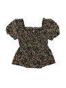 Allegra K パフ半袖花柄ブラウス ハートネック シャーリング フリル ペプラム トップ レディース ブラック XS