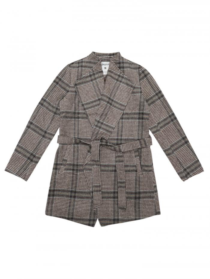 Allegra K チェックコート ラップコート アウター ロングコート長袖 チェック柄 非対称裾 冬 レディース カーキ L