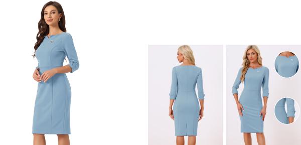 Allegra K ビジネスワンピース ミディドレス 七分袖 Vネック スリムフィット ペンシルドレス 通勤 レディース スカイブルー L