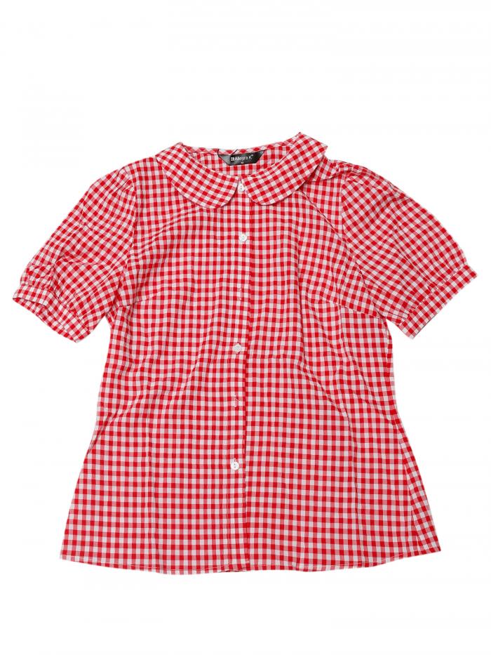 Allegra K チェックブラウス 丸襟 ボタンダウンシャツ パフ半袖 ギンガムトップス レディース レッド L