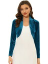Allegra K クロップド ボレロ カーディガン ドレス 長袖 シュラグ ベルベット オープンフロント レディース ピーコックブルー L